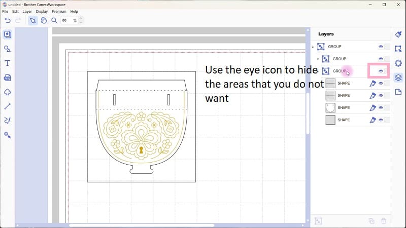 Project imported into the downloaded version of Canvas Workspace  showing the eye icon for the show hide feature
