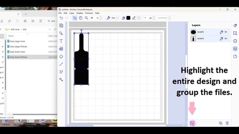 Use the group feature to group the entire design together so that it is easier to move around the workspace in Canvas Workspace