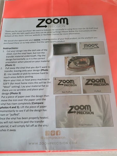 Zoom 3D puff vinyl instruction sheet that comes with the HTV
