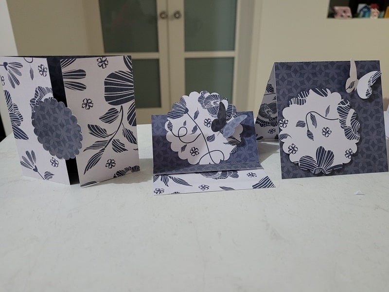 Finished cards pictured. One Gate fold card, one Easel fold card and finally, the Single fold card. 