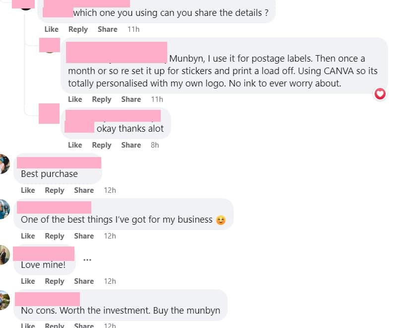 Second Facebook snapshot of Mynbyn printer reviews.