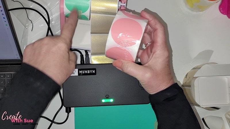 The Mynbyn printer showing pink labels, green labels and the translucent shimmery gold labels. These are great for doing your own DIY labels at home