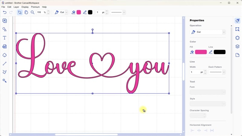 Finished Love You wording with colour added and the pretty pink heart glyph located between the Love and you.