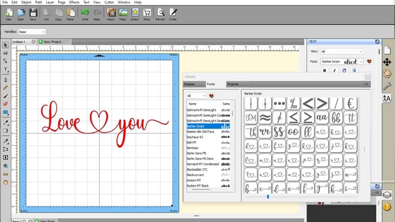 Love you with heart glyph added using Sure Cuts A Lot 6 (SCAL6) software showing the glyph or special character panel.