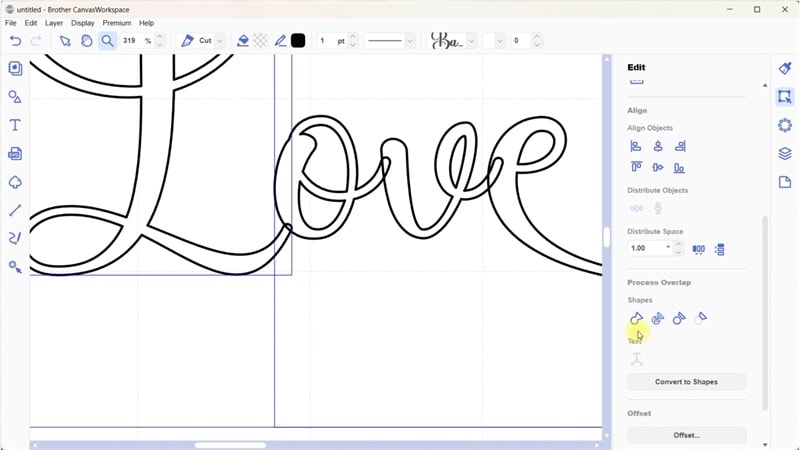 Love you text before welding with the heart glyph inserted.